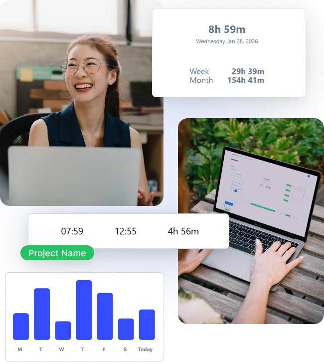Dashboard time tracking Timemoz dengan screenshot dan jam kerja harian