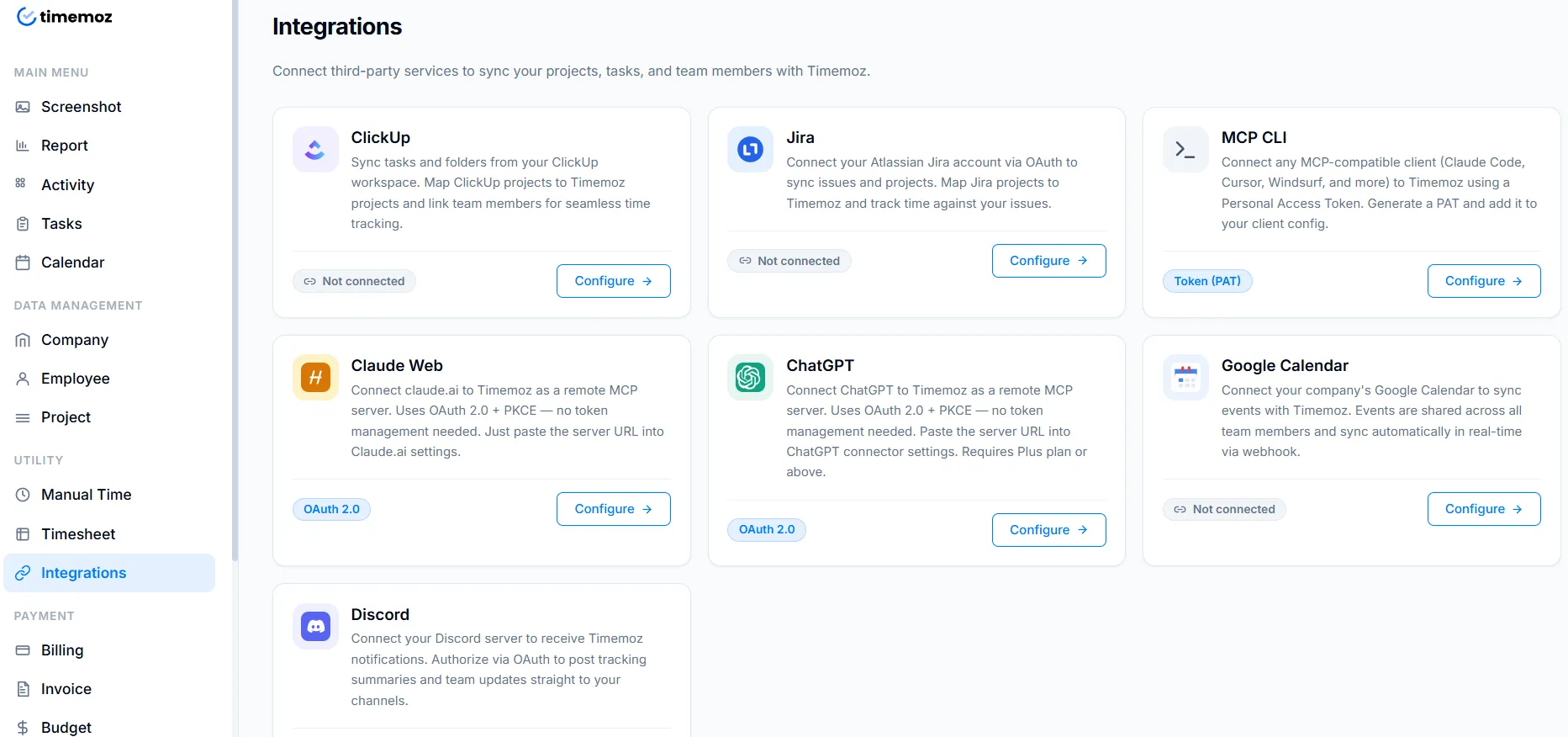 Halaman integrasi Timemoz menampilkan koneksi yang tersedia termasuk ClickUp, Jira, Discord, Google Calendar, dan klien MCP