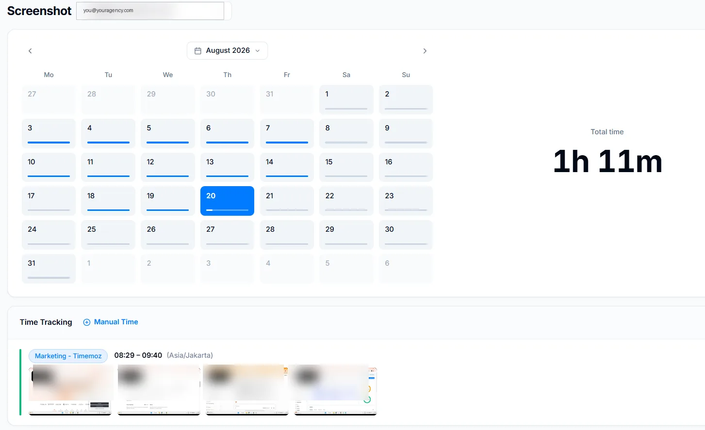 Screenshot dan laporan aktivitas yang bisa dilihat sendiri oleh karyawan di Timemoz