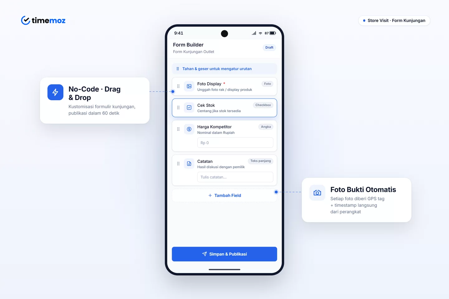 Form builder Timemoz tanpa kode dengan drag & drop dan foto bukti bertag GPS