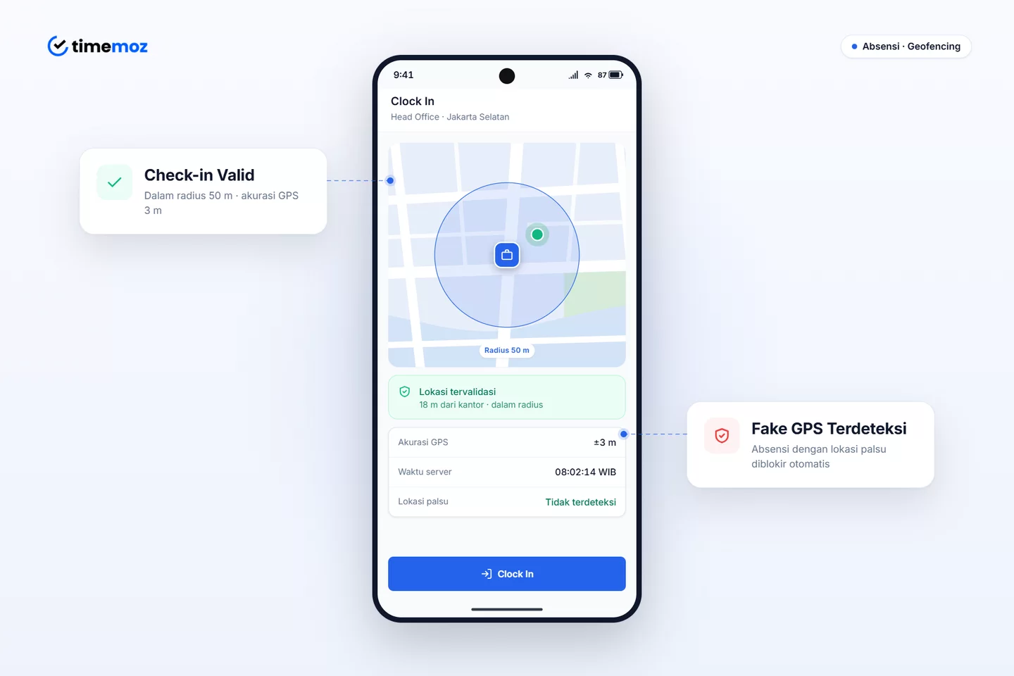 Aplikasi Timemoz memvalidasi check-in dalam radius geofence dan mendeteksi Fake GPS