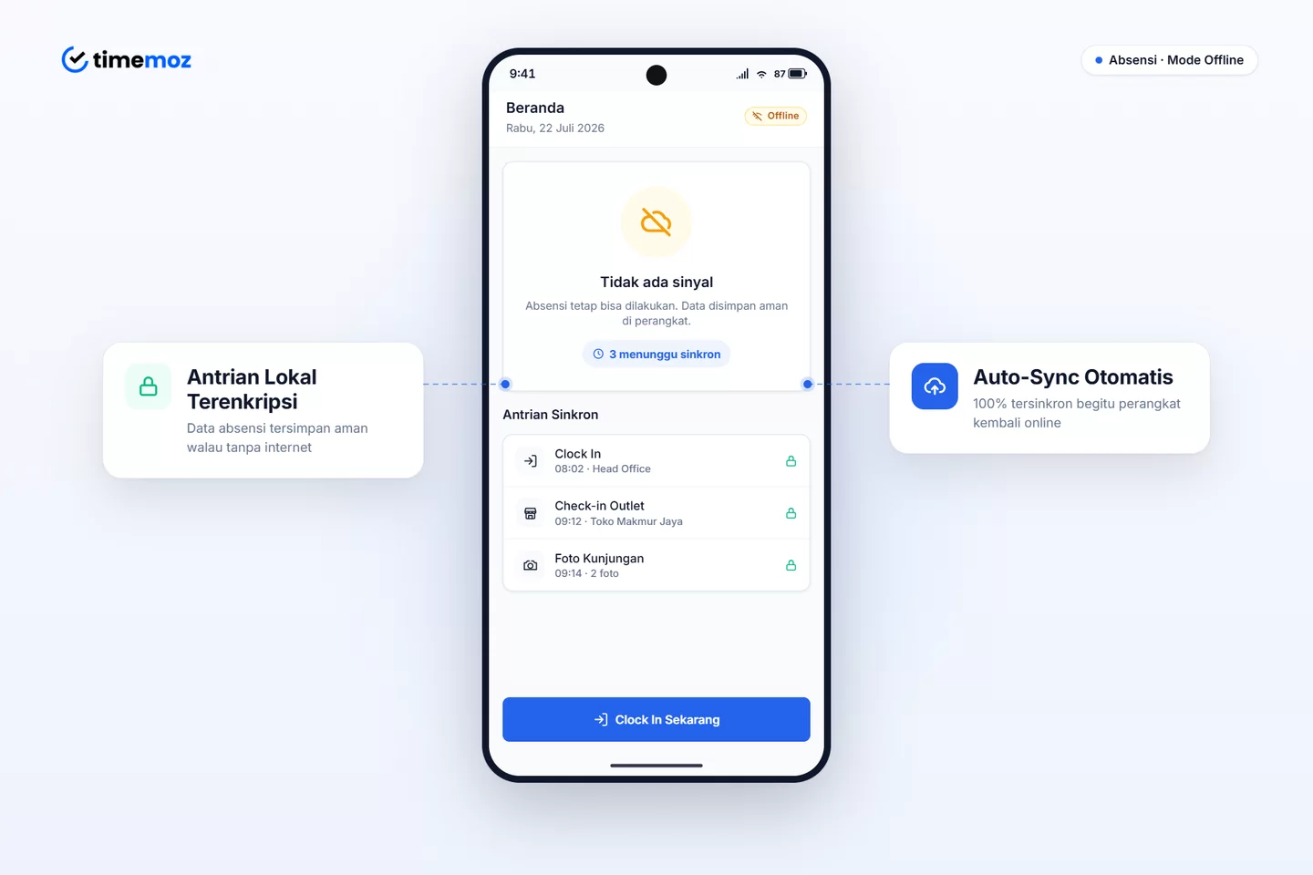 Mode offline Timemoz menyimpan antrean data terenkripsi dan sinkron otomatis saat online